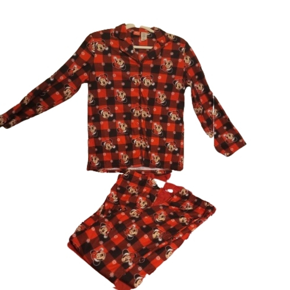 Disney Adults Plaid Pajama Set Mickey In Santa Hat Snowflakes XS